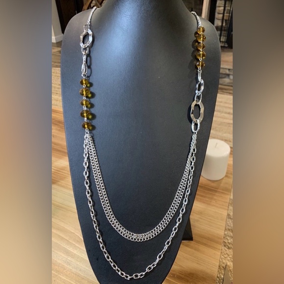 Jewelry - Silver Chain Necklace with Amber Beads - Women Jewelry